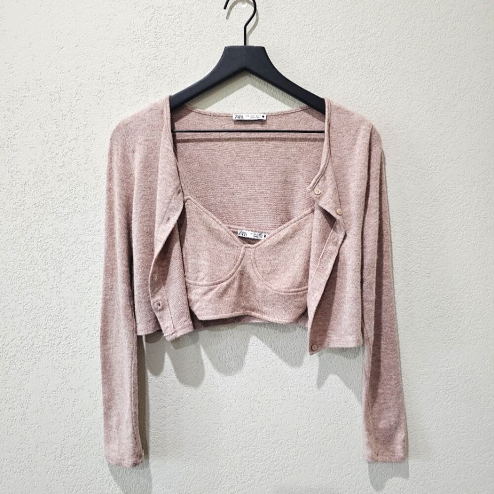 Women's Zara Dusty Pink Cardigan and Crop Top Set
